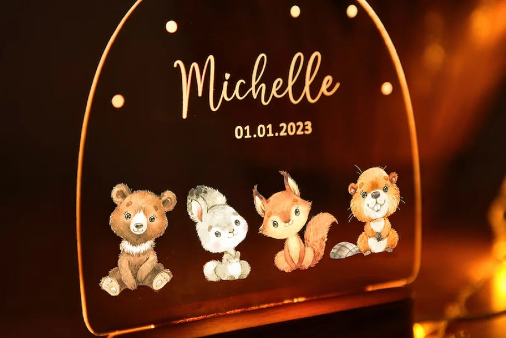 Personalised Baby Night Light With Wooden Base Animals Night Light Baby Gift Birth Custom Name Nursery Light Baby Gift Dropshipp
