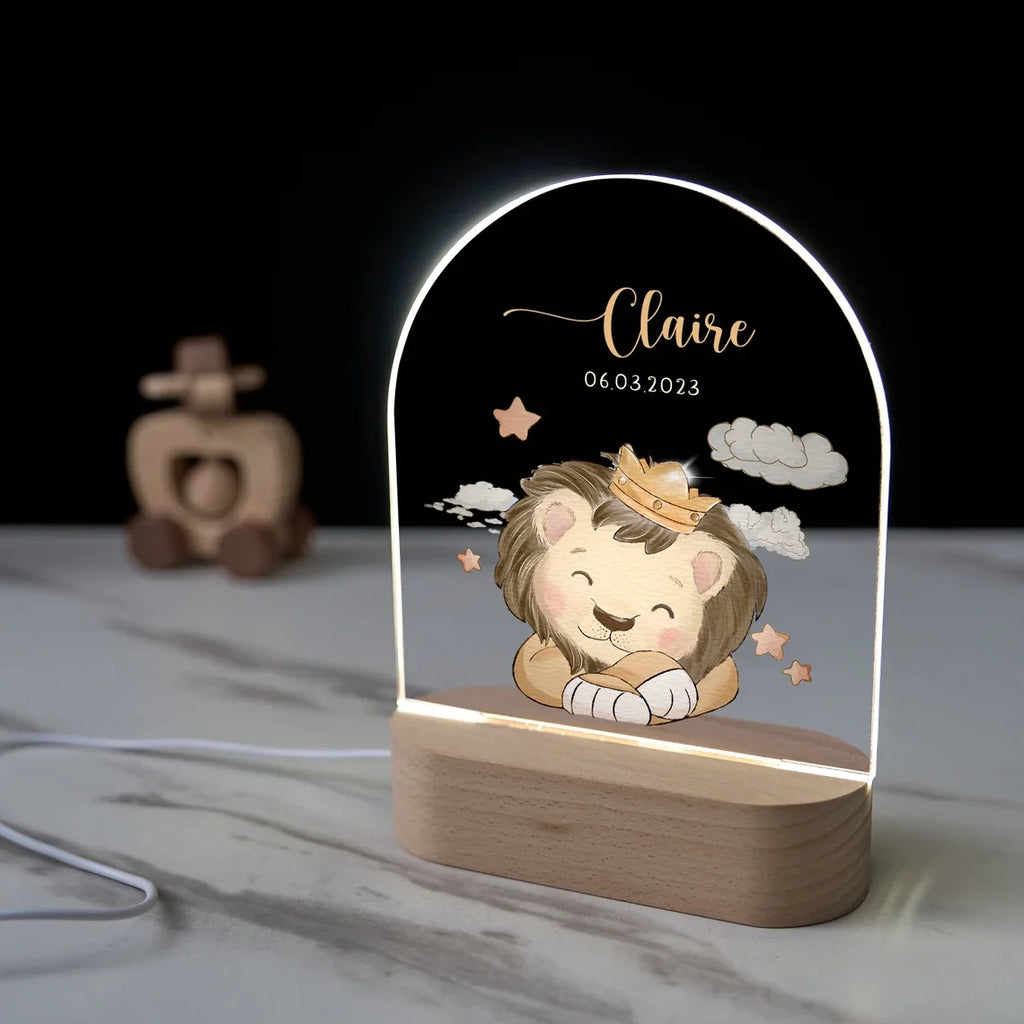 Personalised Baby Night Light With Wooden Base Animals Night Light Baby Gift Birth Custom Name Nursery Light Baby Gift Dropshipp